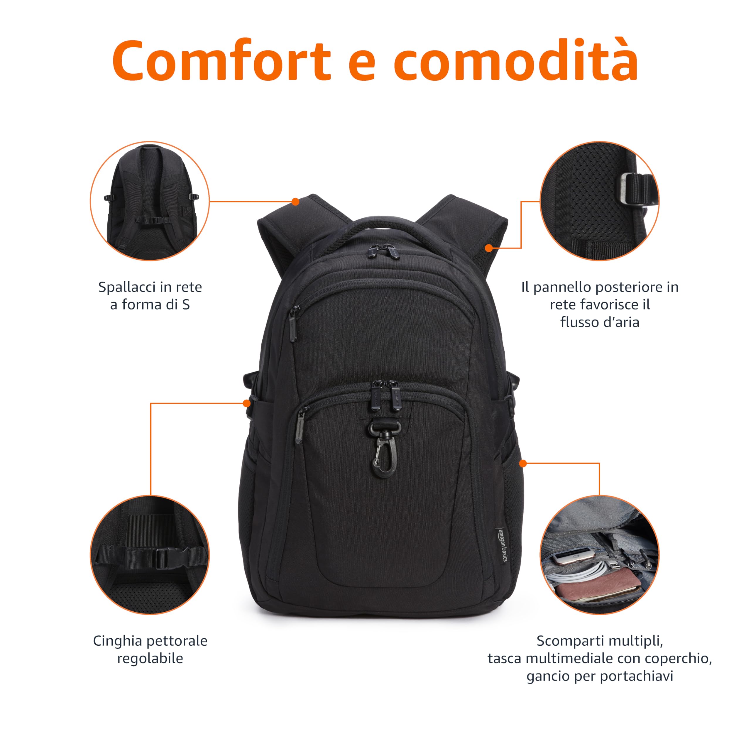 Amazon Basics Zaino Laptop 15,6 Pollici Nero Idrorepellente