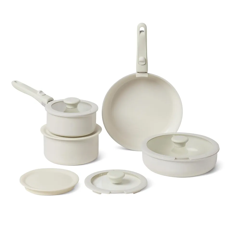 AmazonBasics Set Pentole Ceramica Avorio 11 Pezzi Impilabile