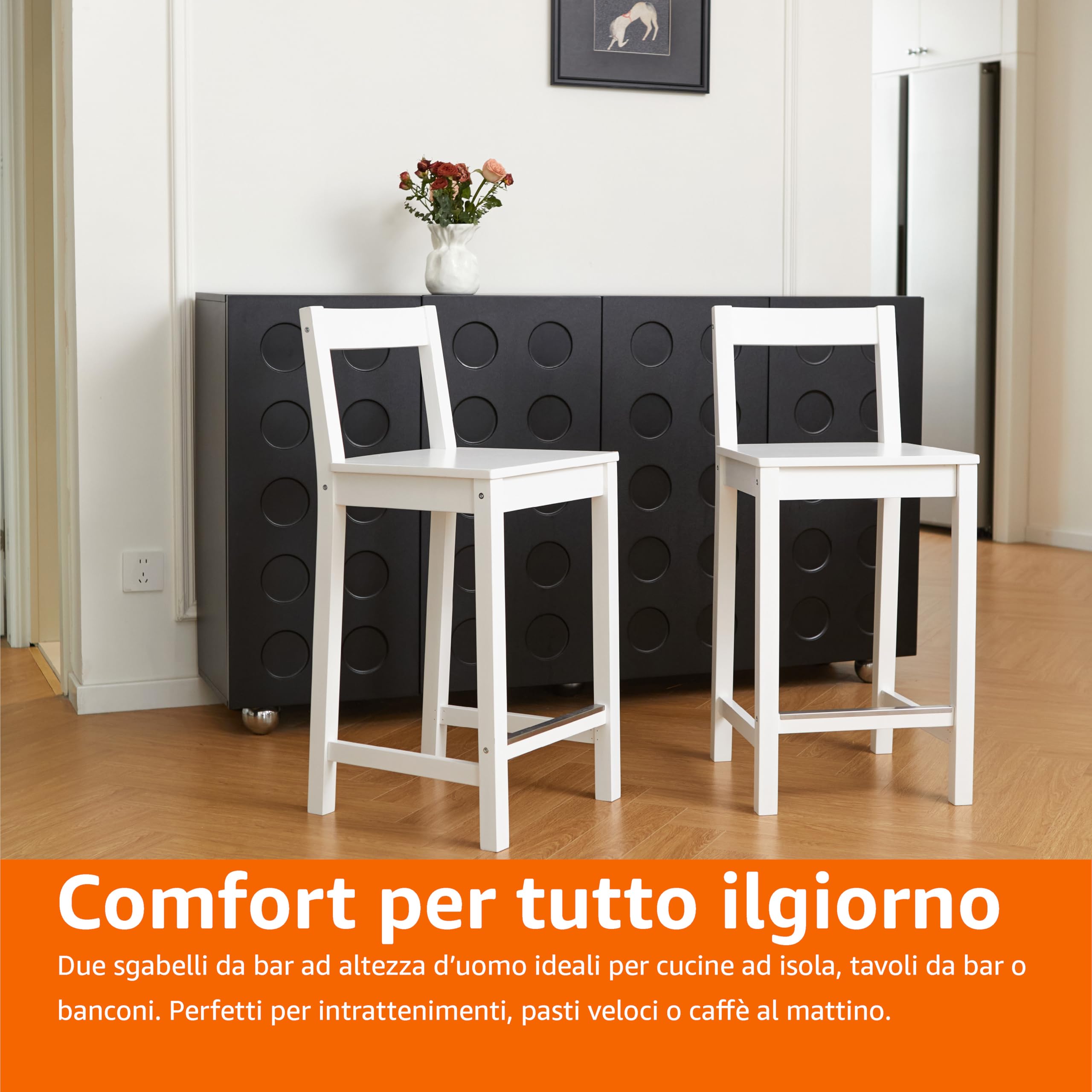 Amazon Basics Sgabello da Bancone Bianco Confezione da 2 con Schienale