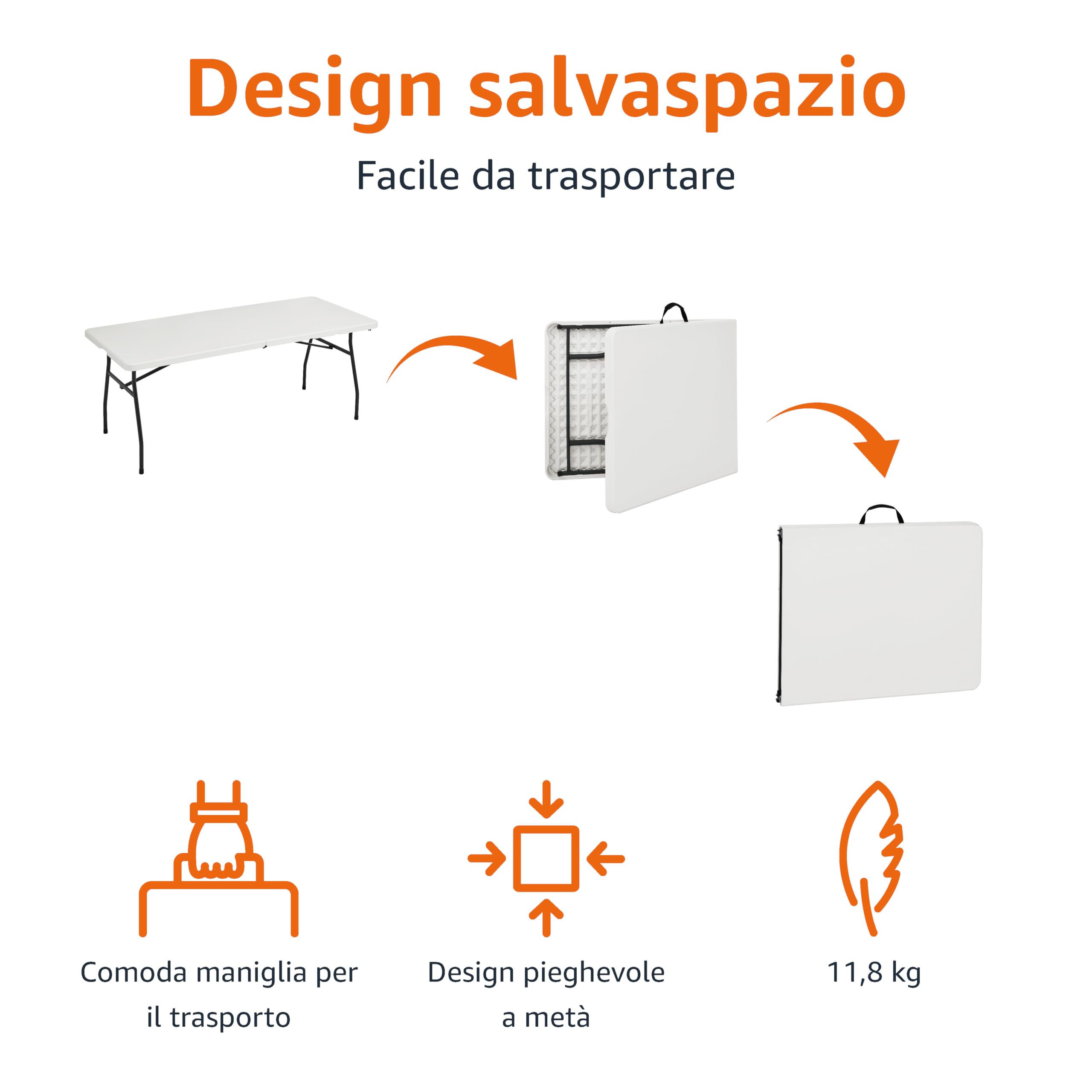 AmazonBasics Tavolo Pieghevole 182 cm Bianco con Maniglia