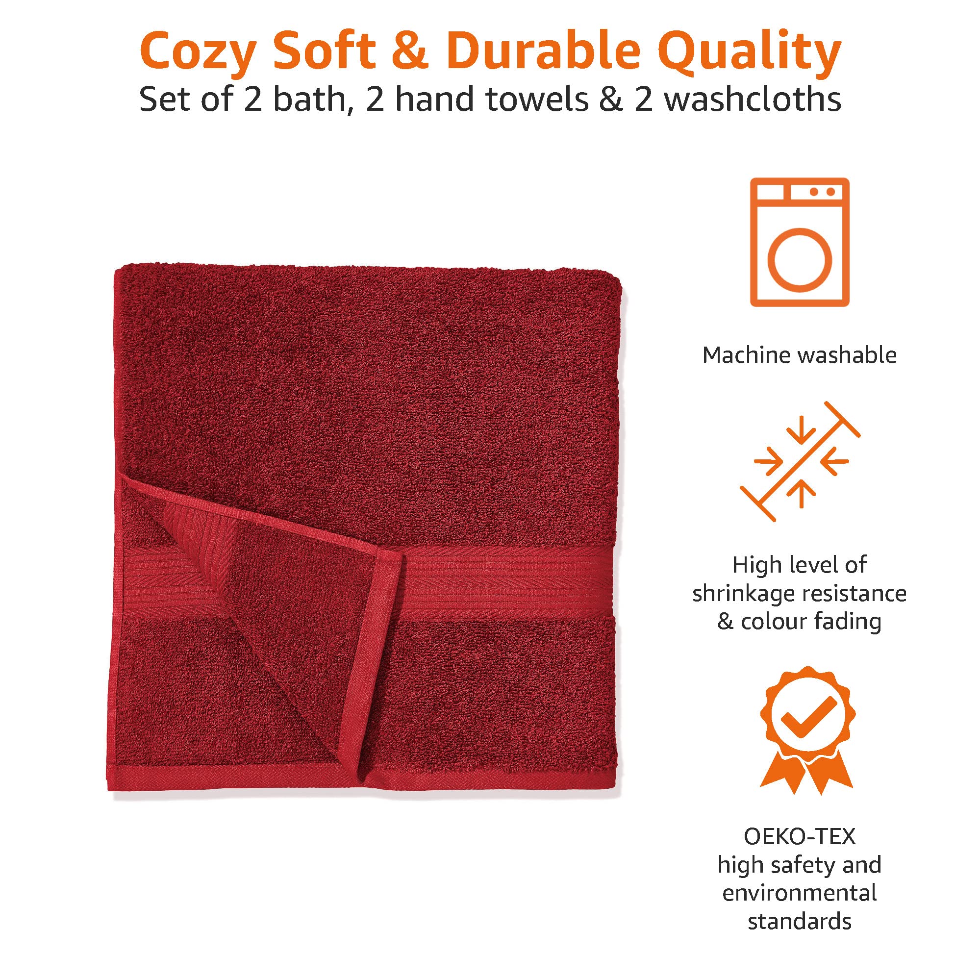 AmazonBasics Set Asciugamani Cotone 6 Pezzi Rosso assorbente