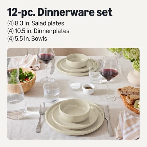 Amazon Basics Servizio da Tavola Gres 12 Pezzi 4 Coperti Avorio