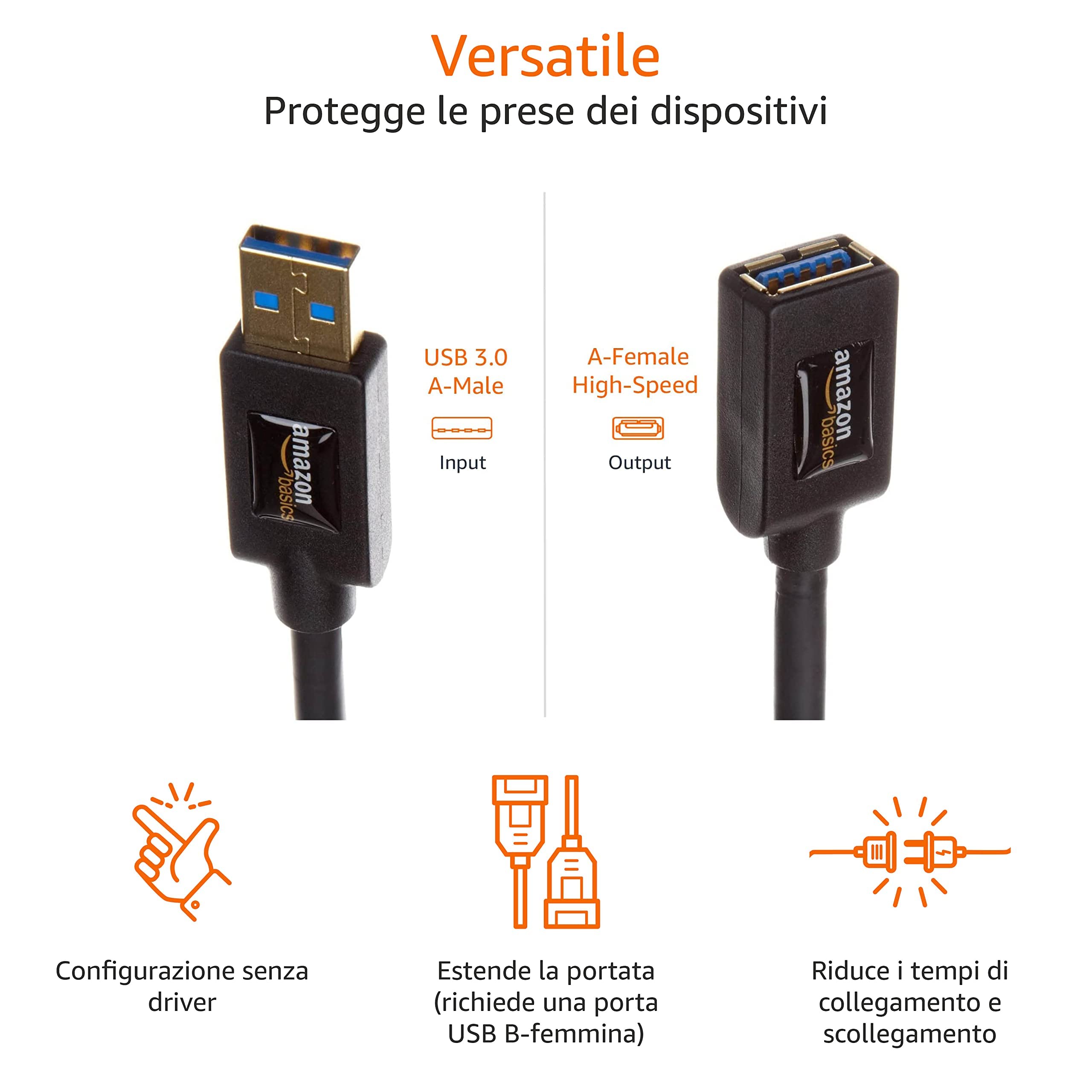 Amazon Basics Cavo Prolunga USB 3.0 3m Nero 4,8Gbps