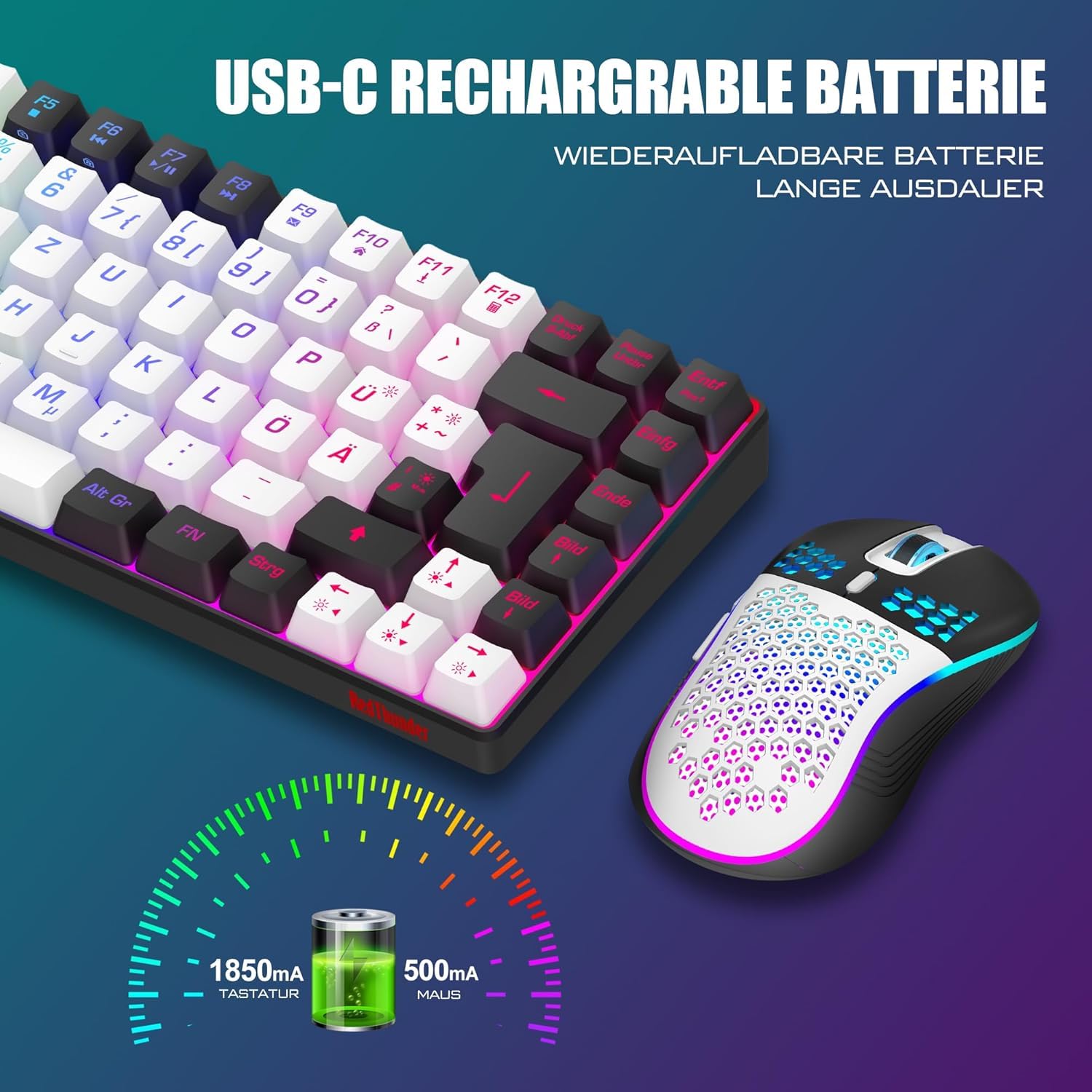 RedThunder K84 Tastiera e Mouse Wireless 75% RGB Bianco Nero