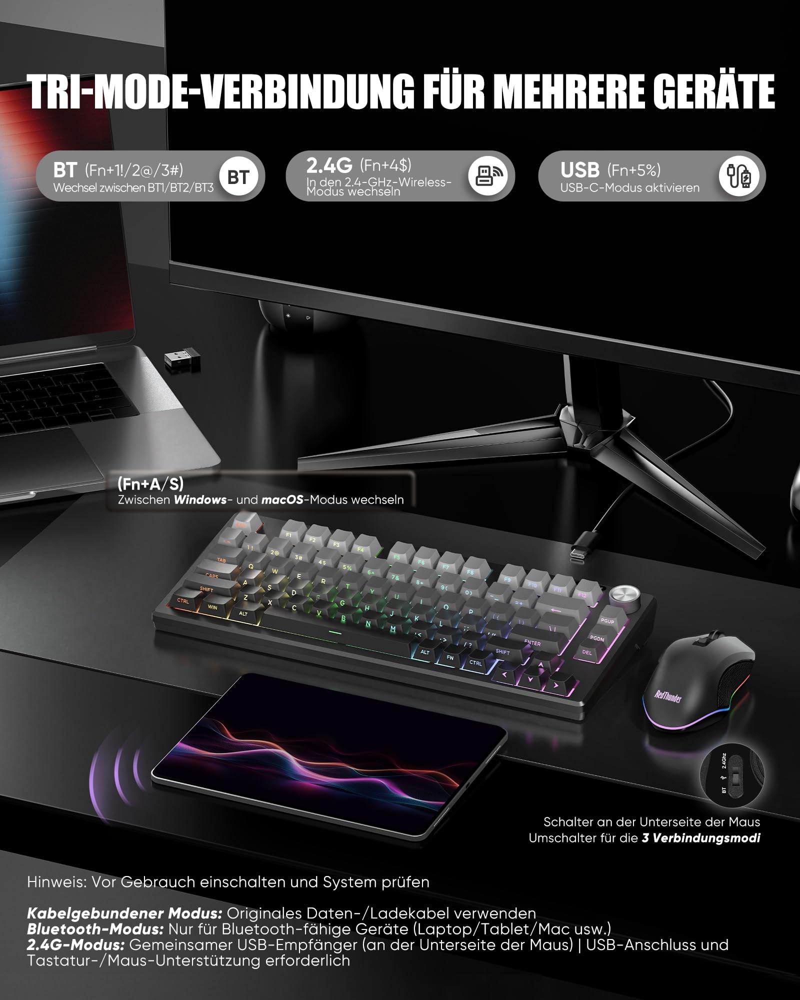 RedThunder K75 Kit Tastiera e Mouse Wireless RGB Grey