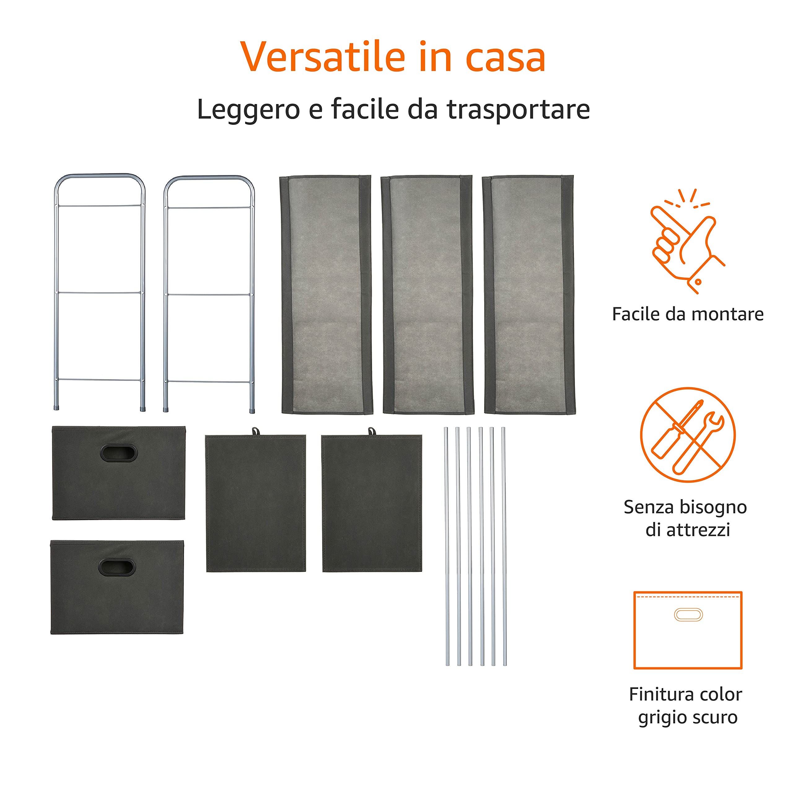 AmazonBasics Organizer Armadio Tessuto Grigio 3 Ripiani 2 Cassetti