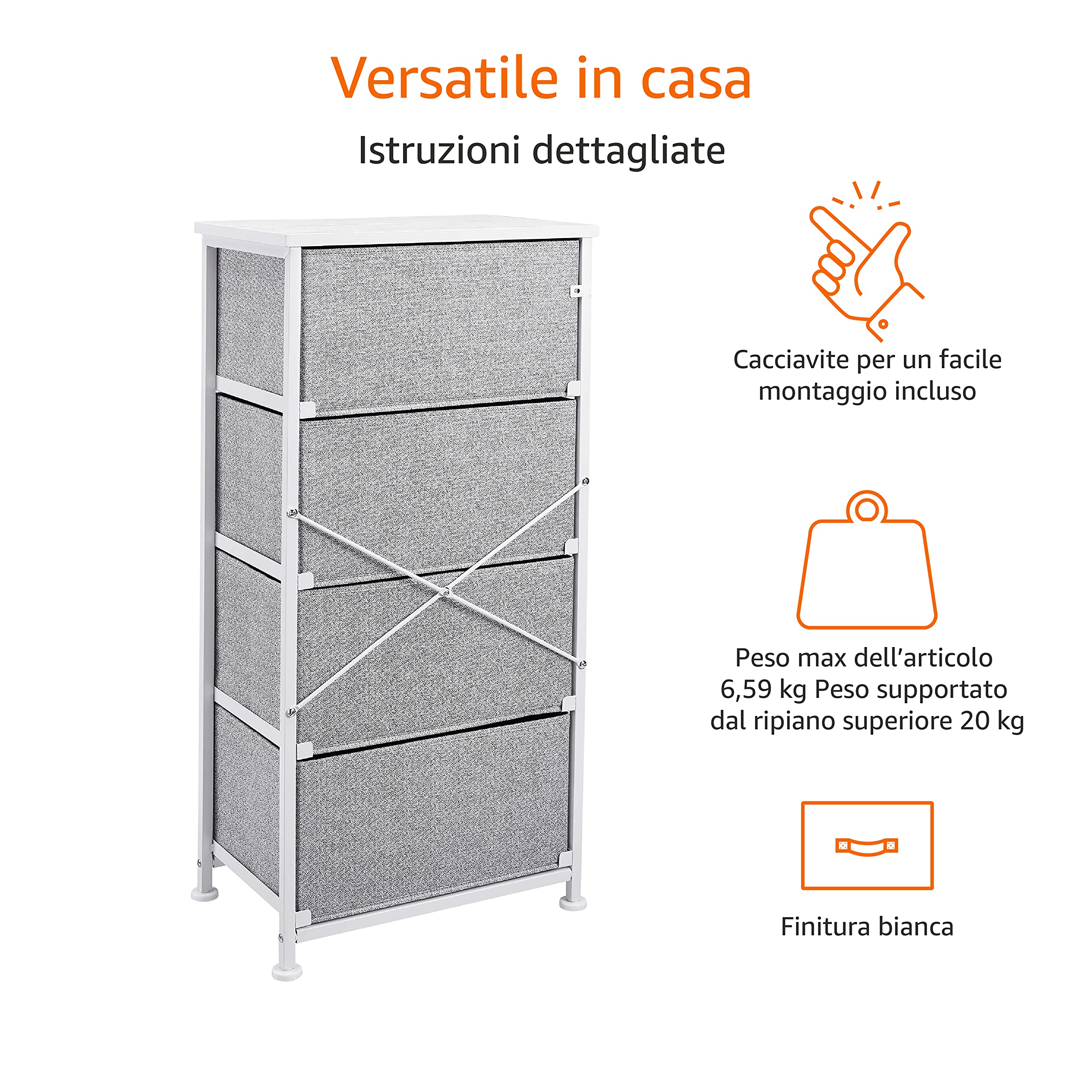 Amazon Basics Cassettiera 4 Cassetti Tessuto Bianco salvaspazio
