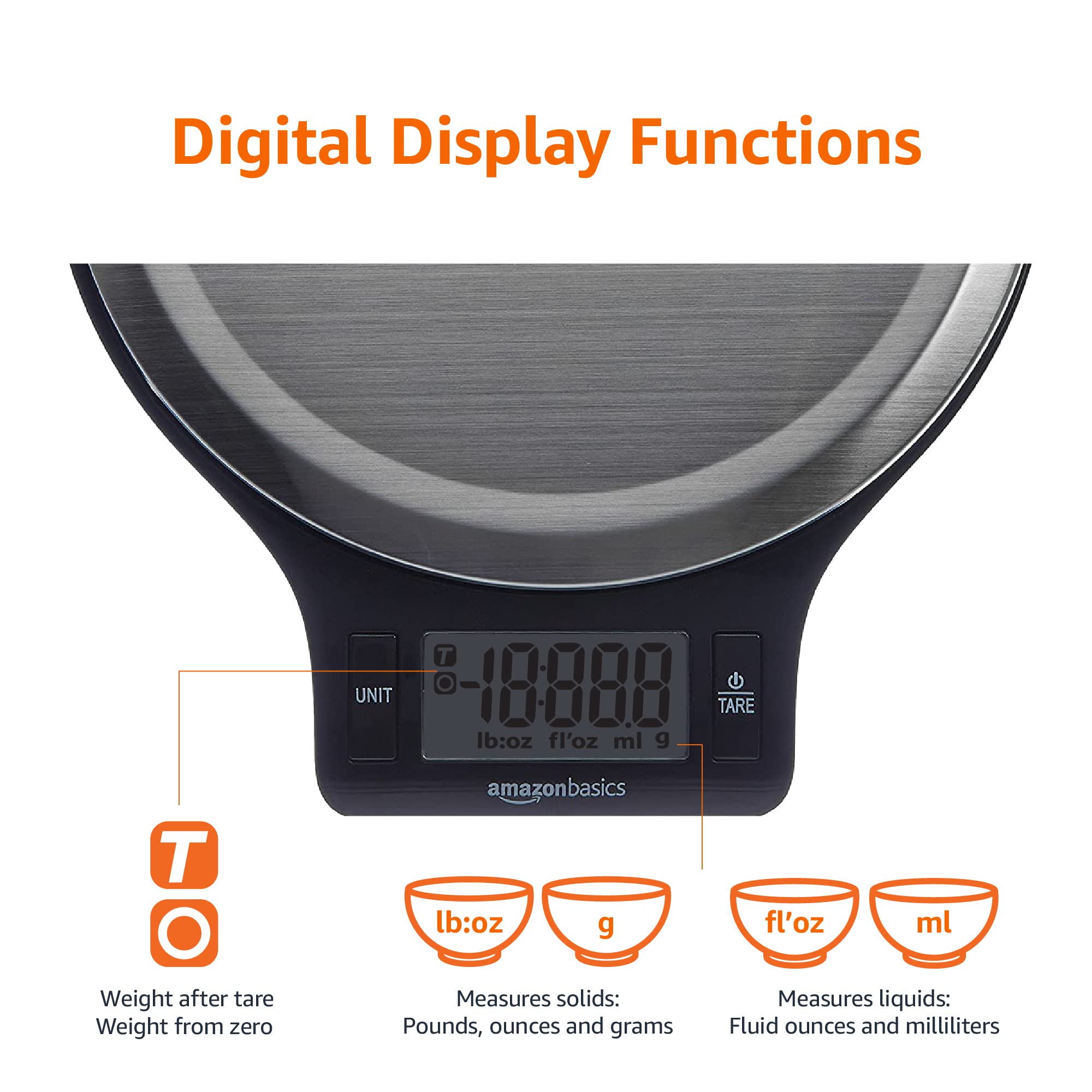 Amazon Basics Bilancia Cucina Digitale LCD Nero Acciaio 5 kg