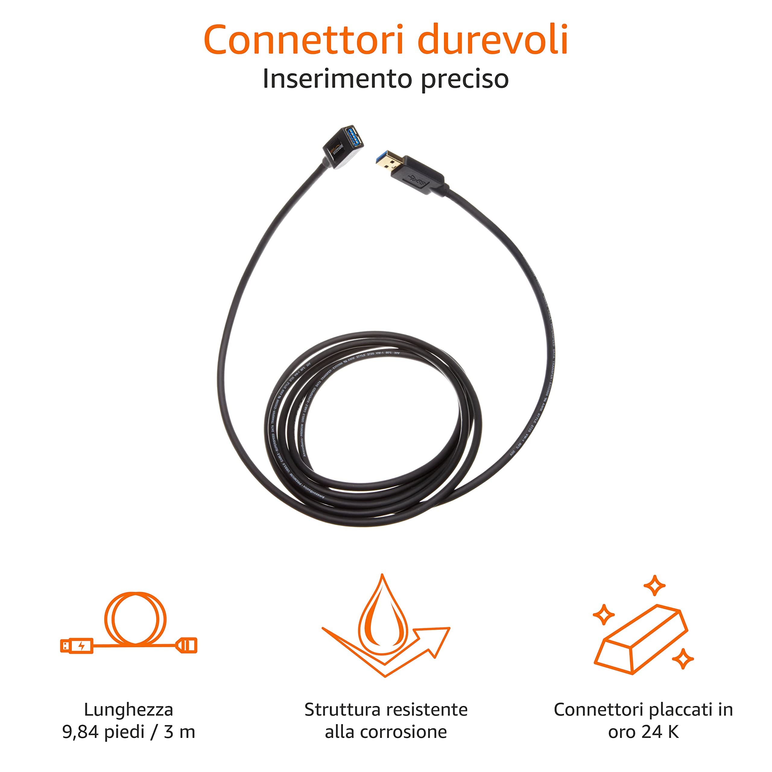 Amazon Basics Cavo Prolunga USB 3.0 3m Nero 4,8Gbps