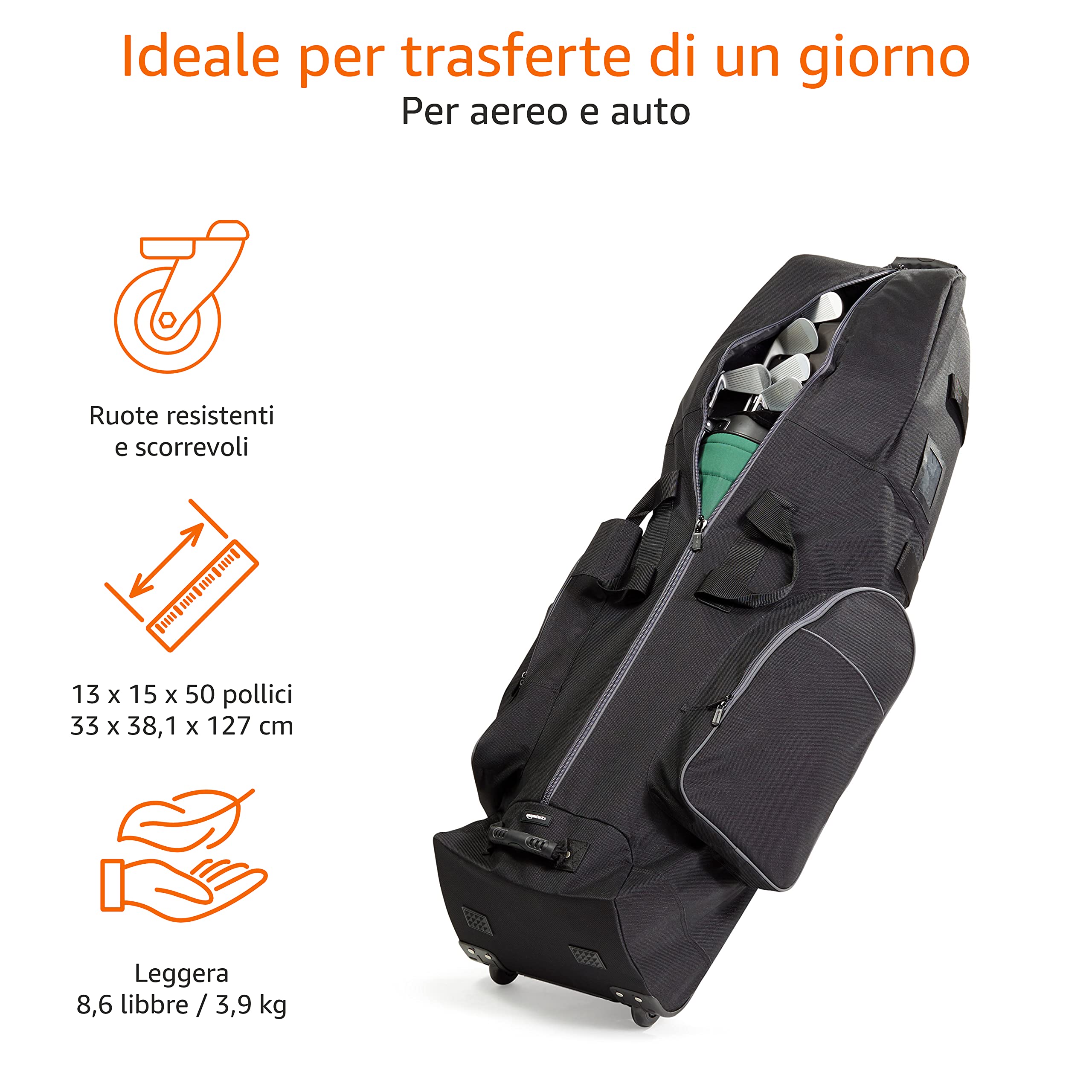 Amazon Basics Borsa golf da viaggio lati morbidi nera 127 cm