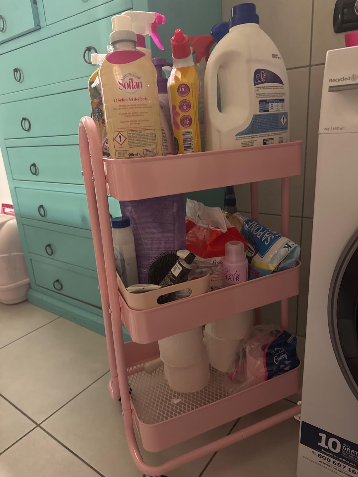 Amazon Basics Carrello 3 Ripiani con Ruote Rosa Antico Metallo