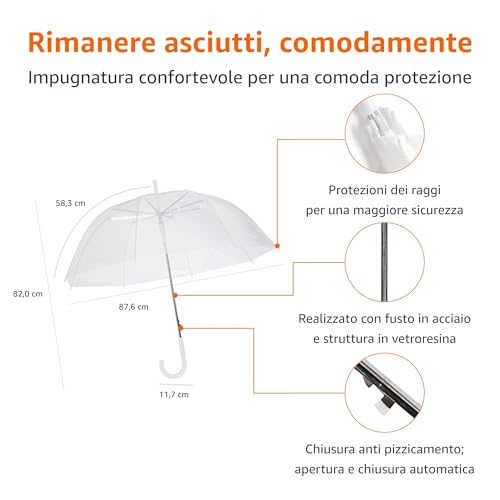 Amazon Basics Ombrello Cupola Trasparente 87,6 cm Automatico