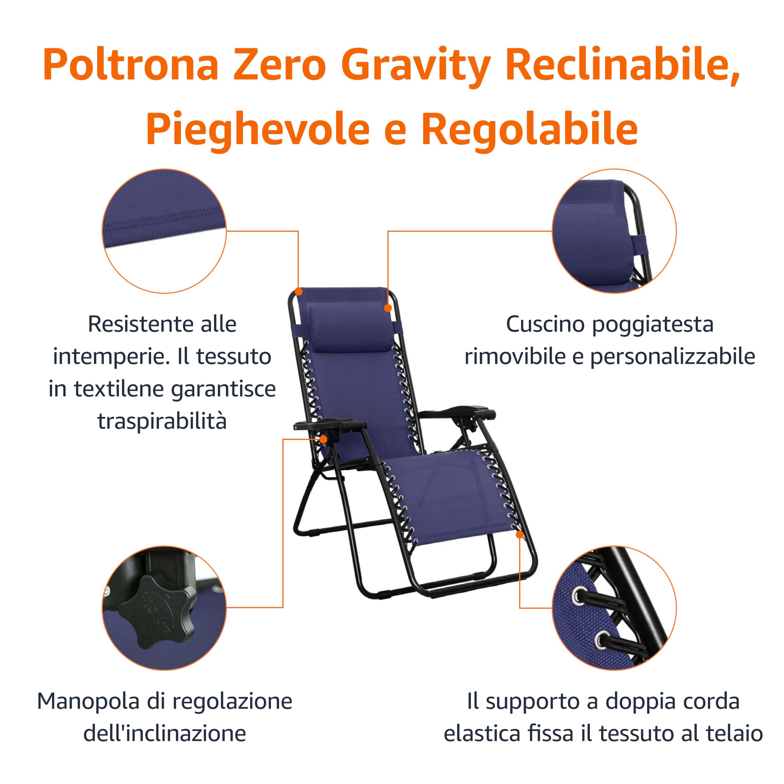 Amazon Basics Sedia Gravità Zero Blu Reclinabile da Esterno 136 kg