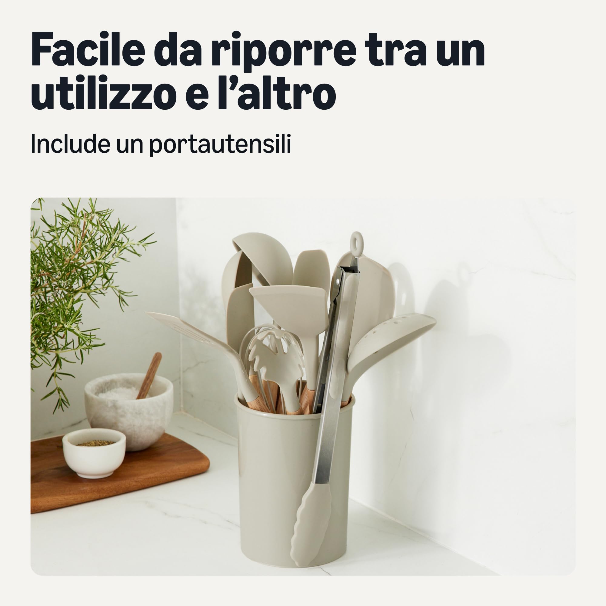 Amazon Basics utensili cucina silicone 14 pezzi grigio lino legno