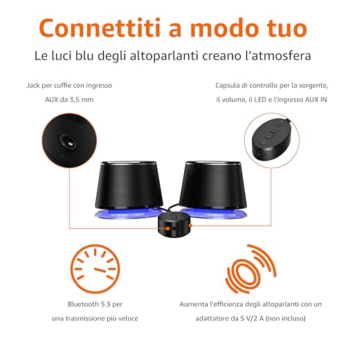 AmazonBasics Altoparlanti PC Bluetooth USB Grandi Neri LED Blu