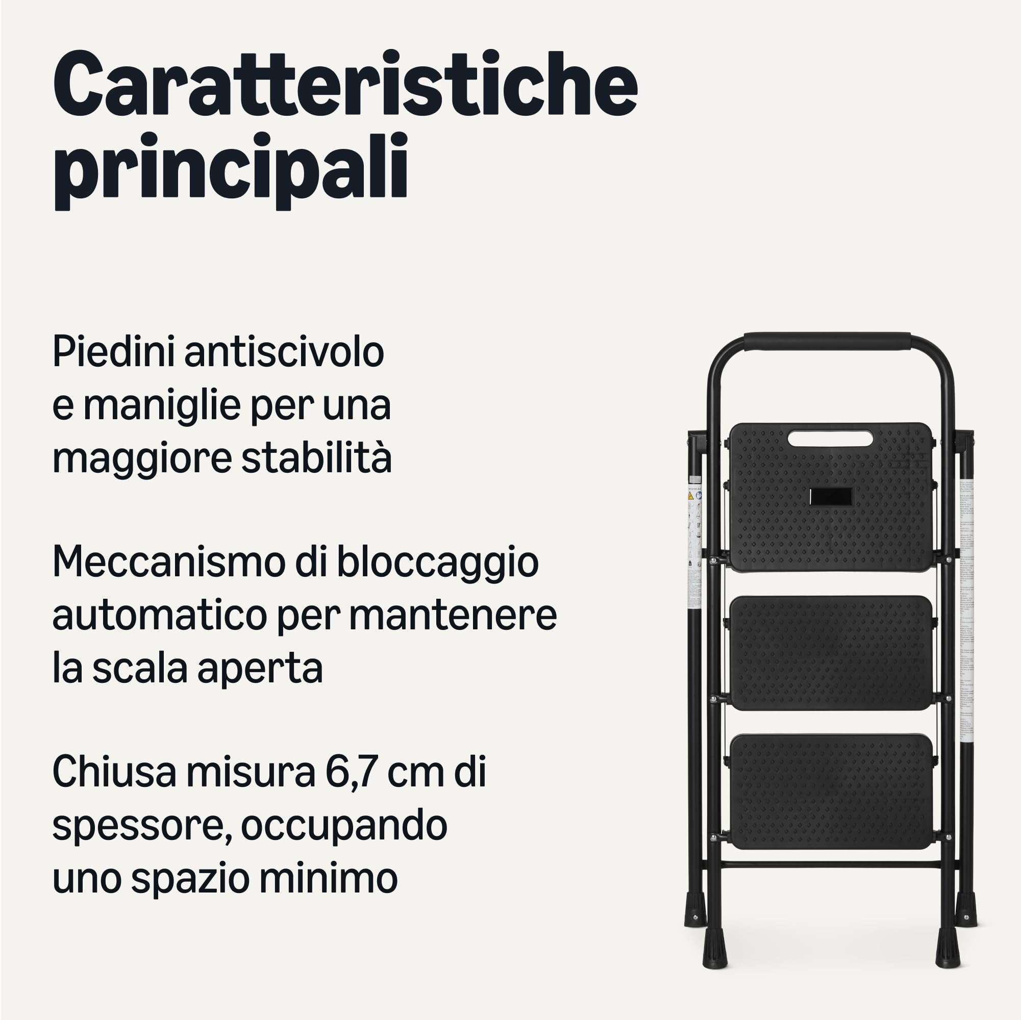 Amazon Basics Scala Pieghevole 3 Gradini Acciaio Nera 150kg
