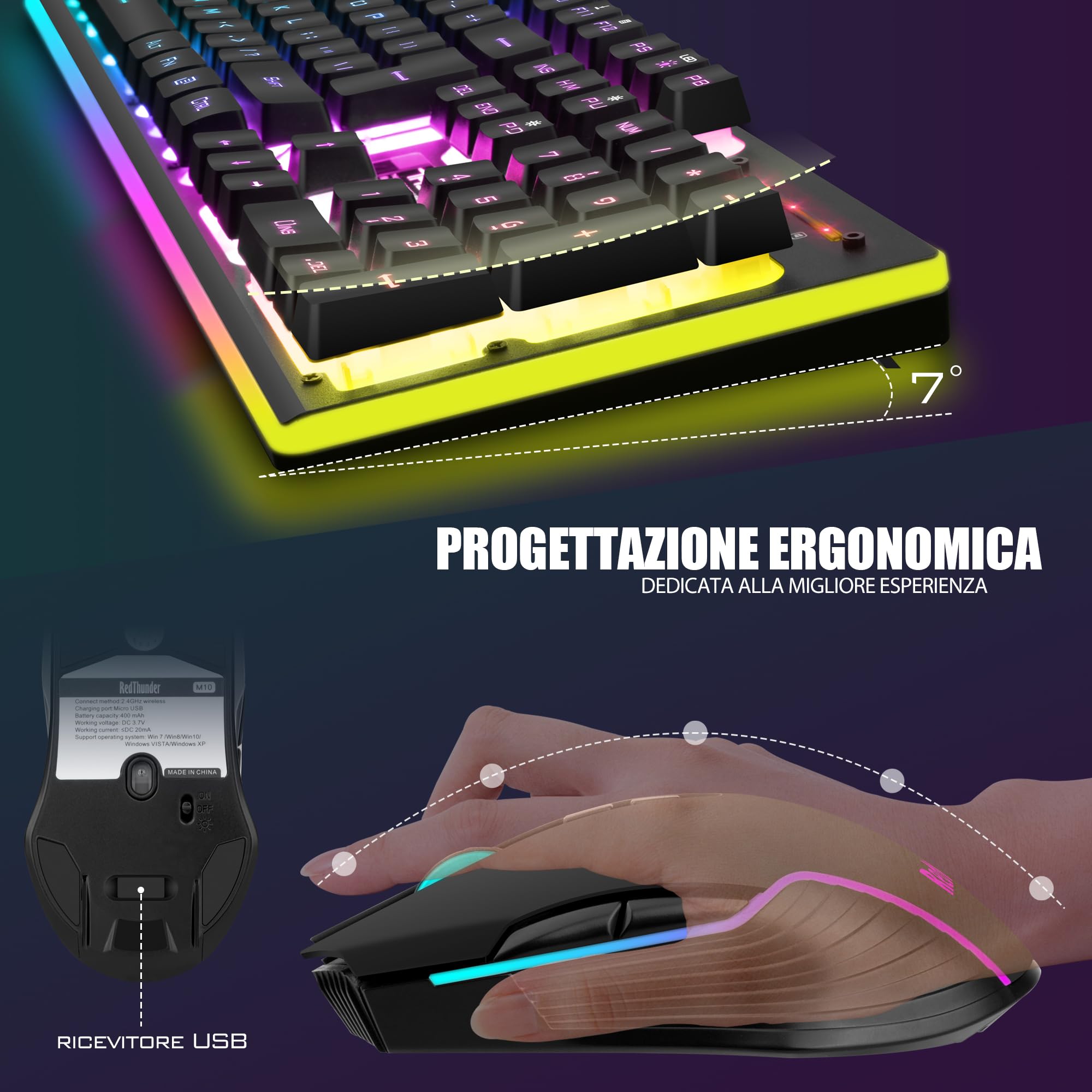 RedThunder K10 Set Tastiera Mouse Wireless RGB Nero IT
