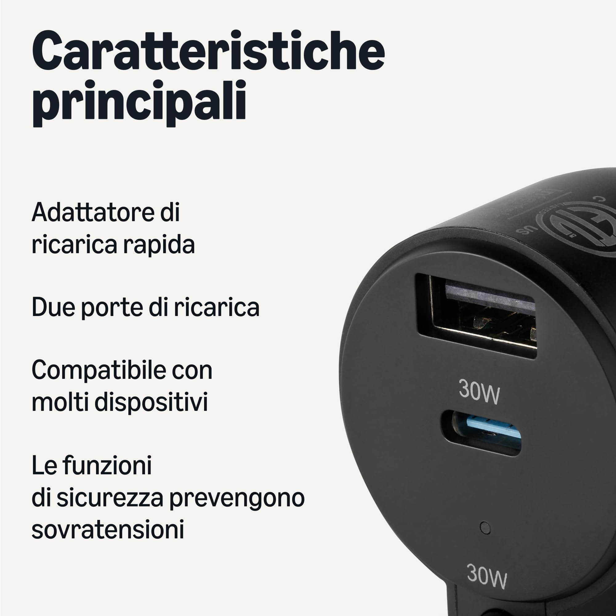 Amazon Basics caricabatterie auto 60W con cavo spiralato 3 porte