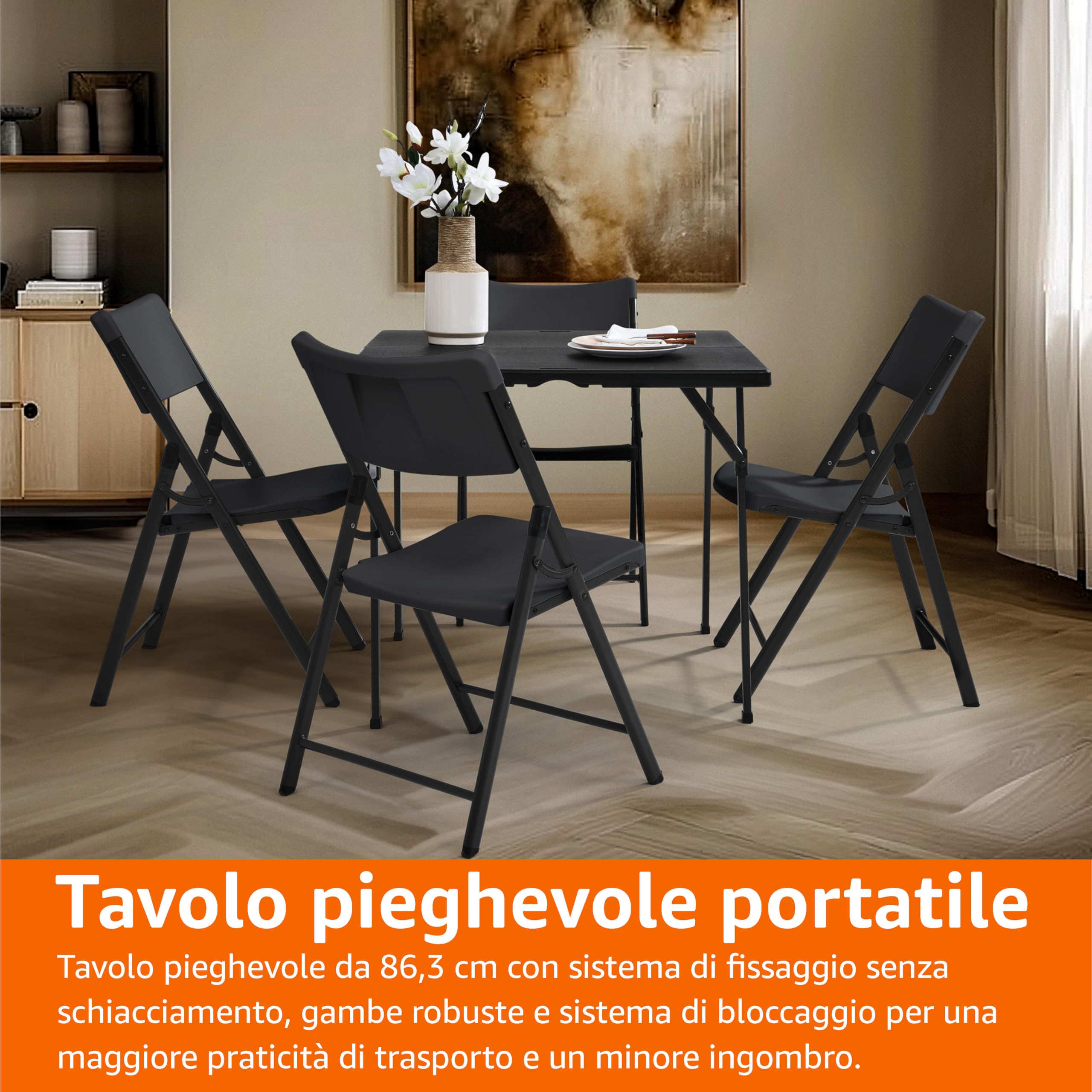 Amazon Basics Tavolo Pieghevole Nero 86x86 con Maniglia