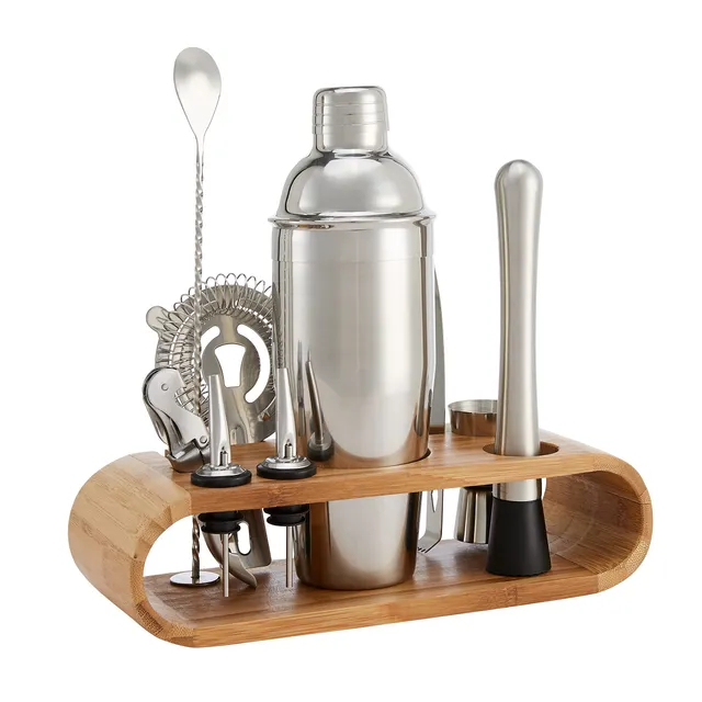 Amazon Basics set bar cocktail inox 10 pezzi con stand bambù