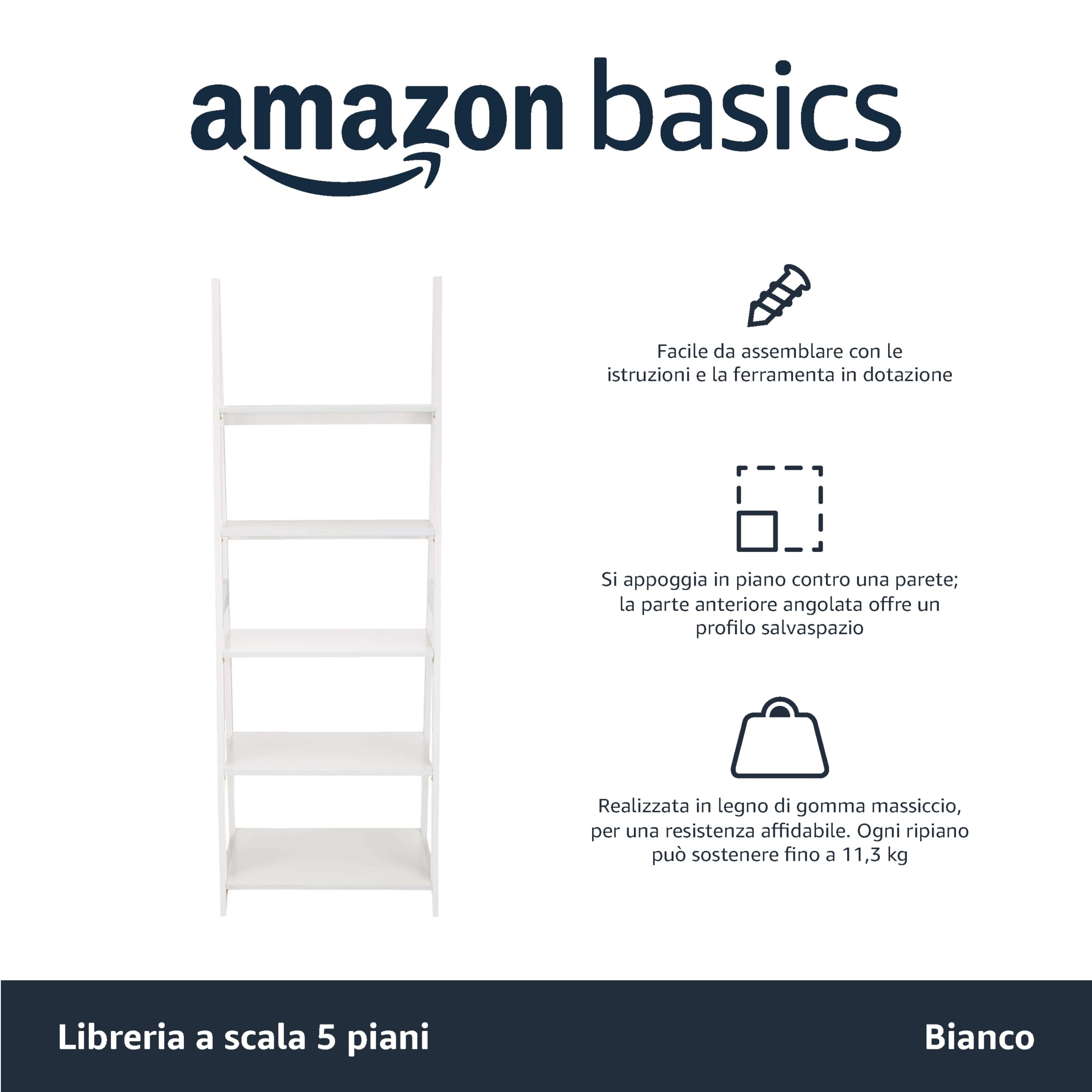 Amazon Basics Libreria a Scala 5 Ripiani Legno Bianca