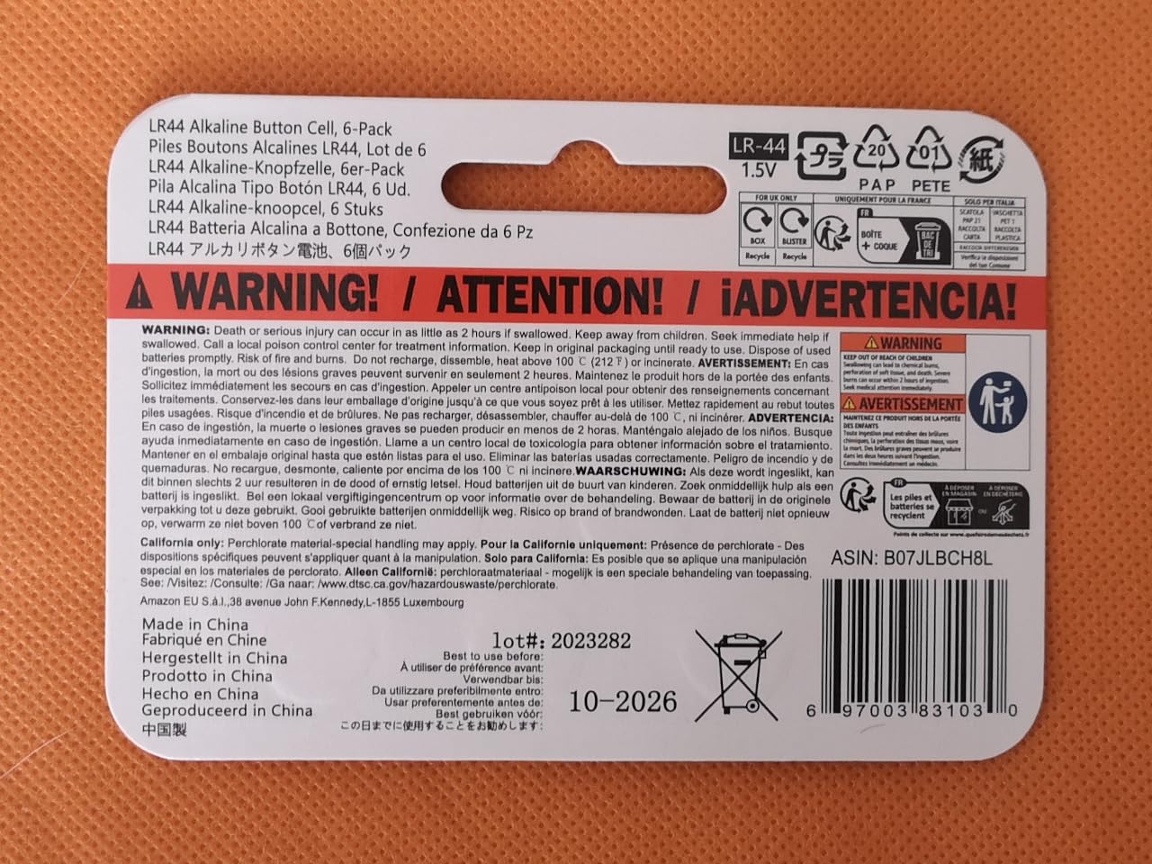 Amazon Basics Batterie Bottone LR44 6 Pezzi Lunga Durata