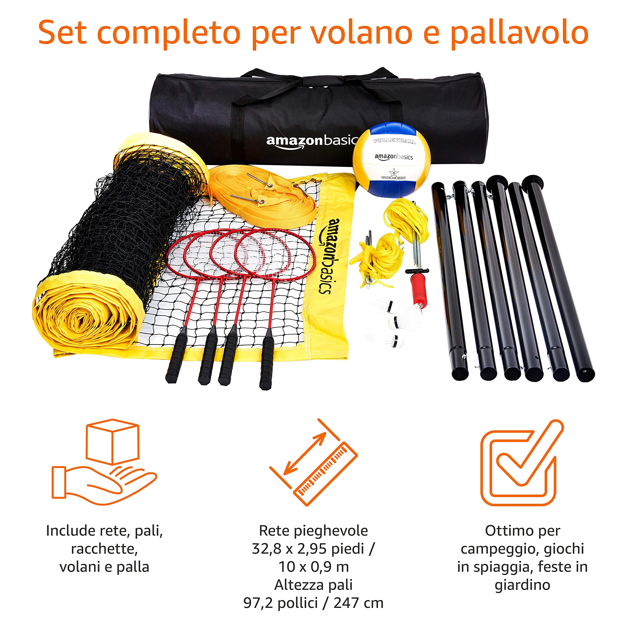 Amazon Basics set pallavolo e badminton da esterno con rete
