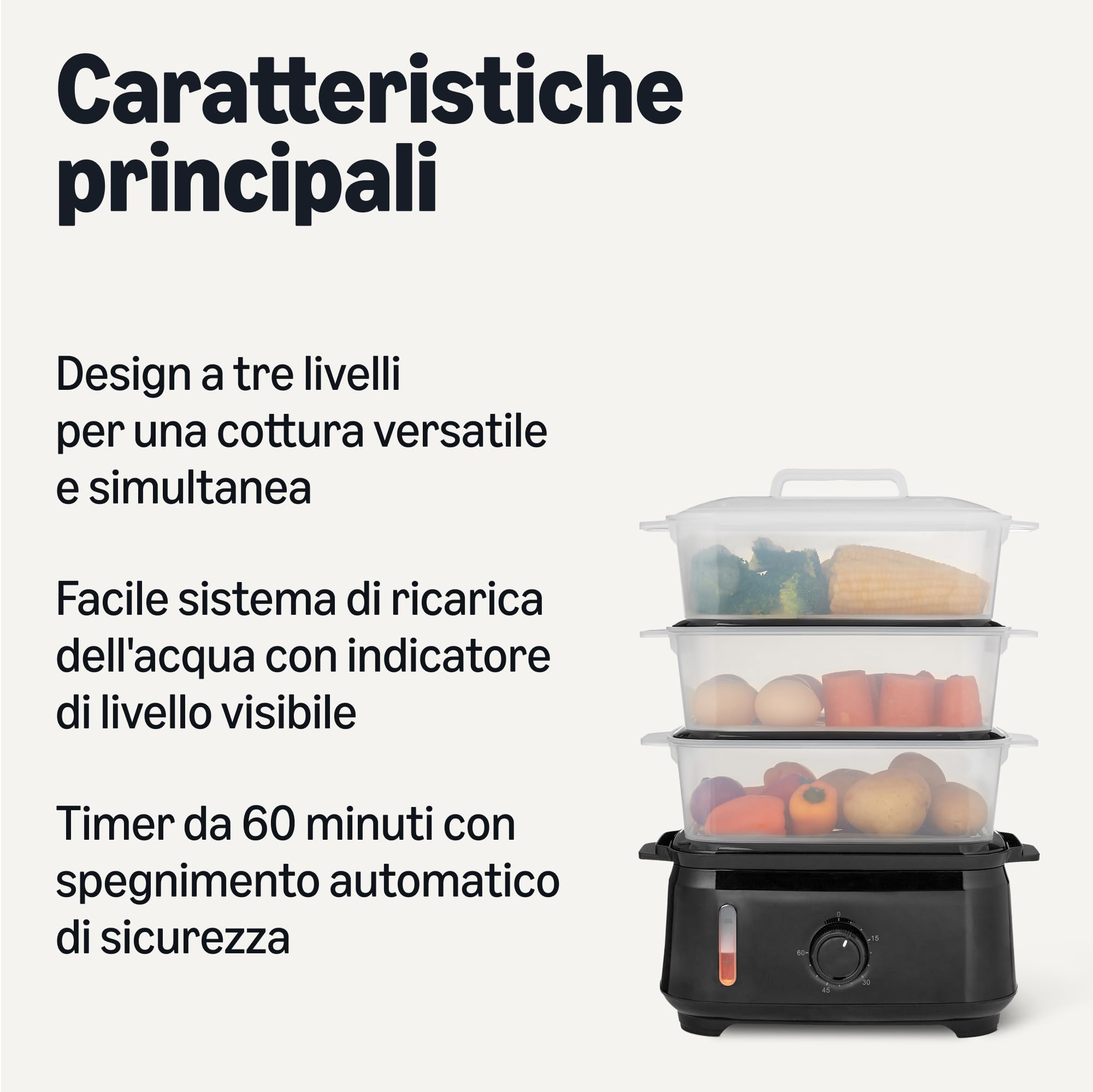 Amazon Basics Vaporiera Elettrica 9L 3 Livelli Nera 950W