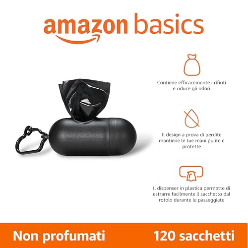 Amazon Basics Sacchetti Deiezioni Cane Neri 120 Pezzi Impermeabili