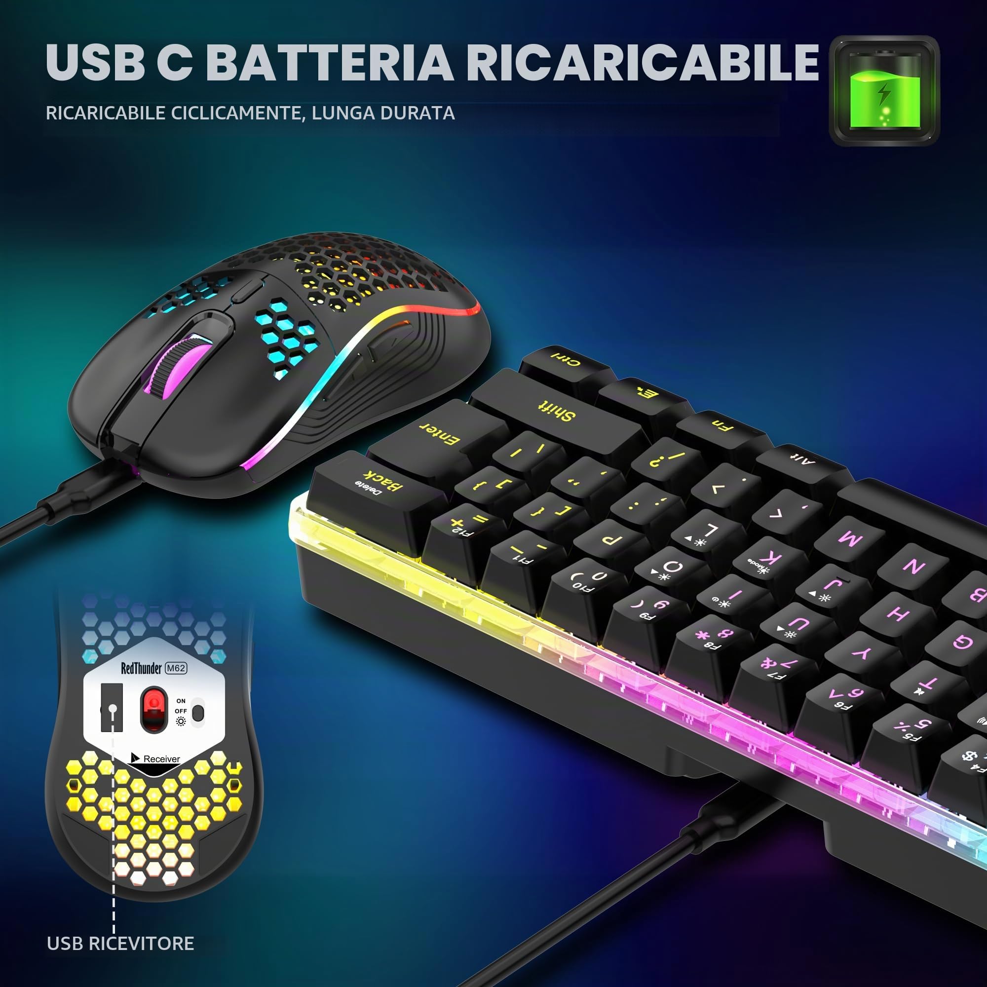 RedThunder K62 Combo Tastiera Mouse Gaming Wireless Multicolore
