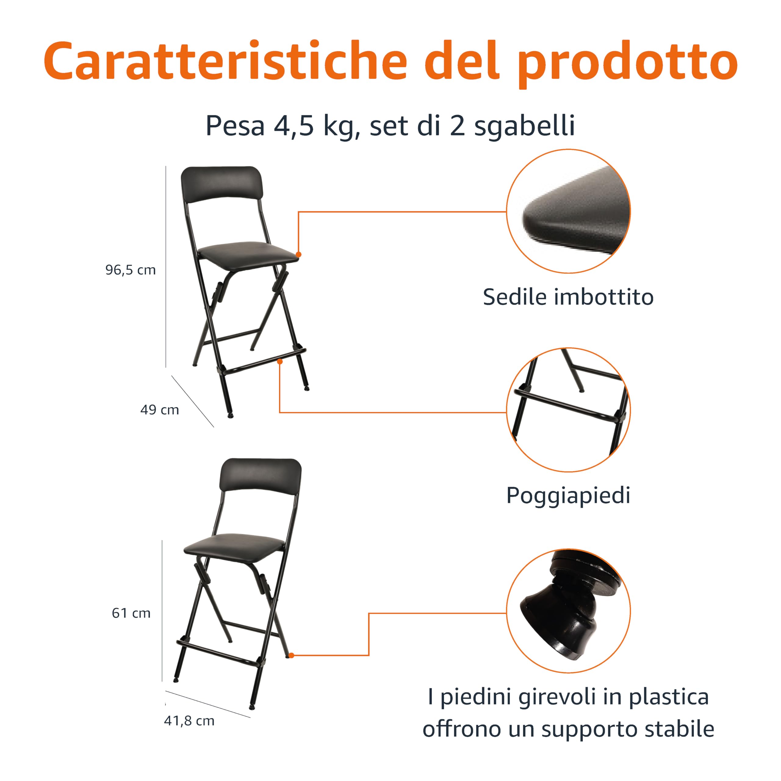 AmazonBasics Sgabello Pieghevole 61 cm Nero Set 2 pz 136 kg