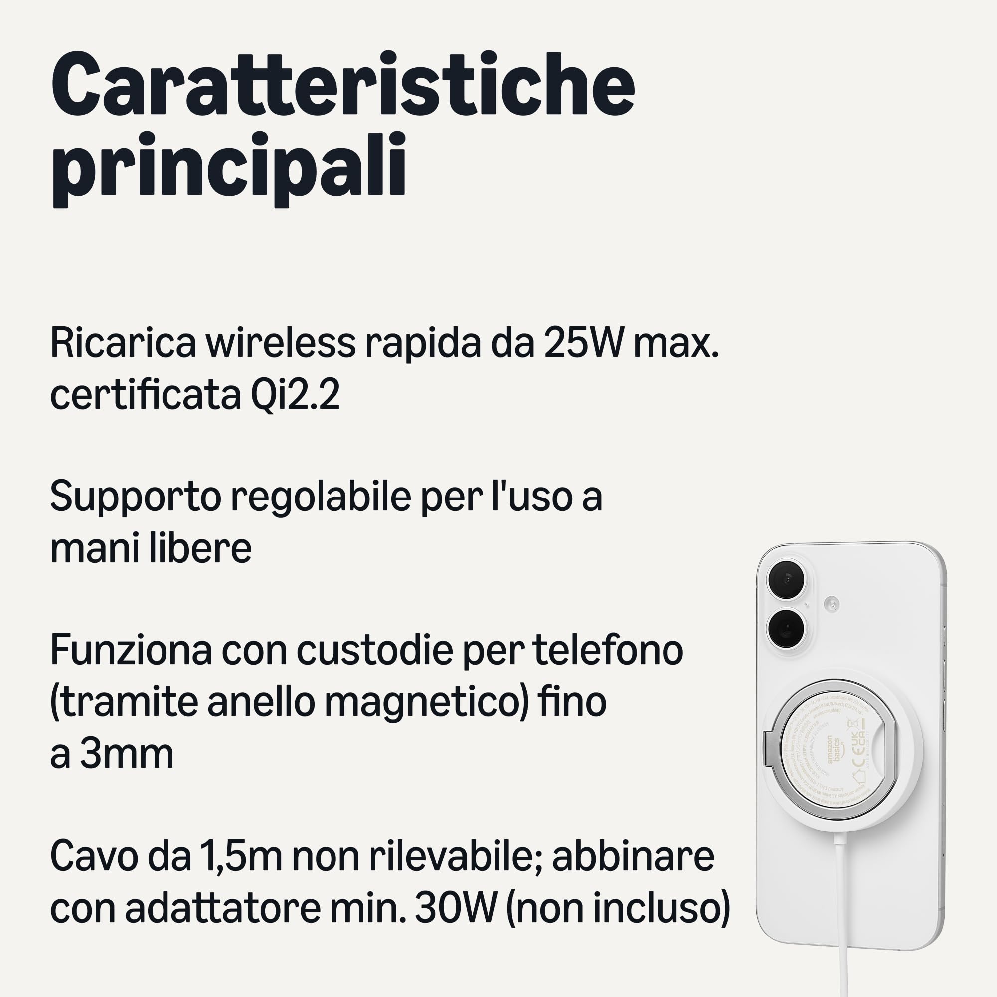 AmazonBasics Qi2.2 pad ricarica wireless magnetico 25W bianco supporto