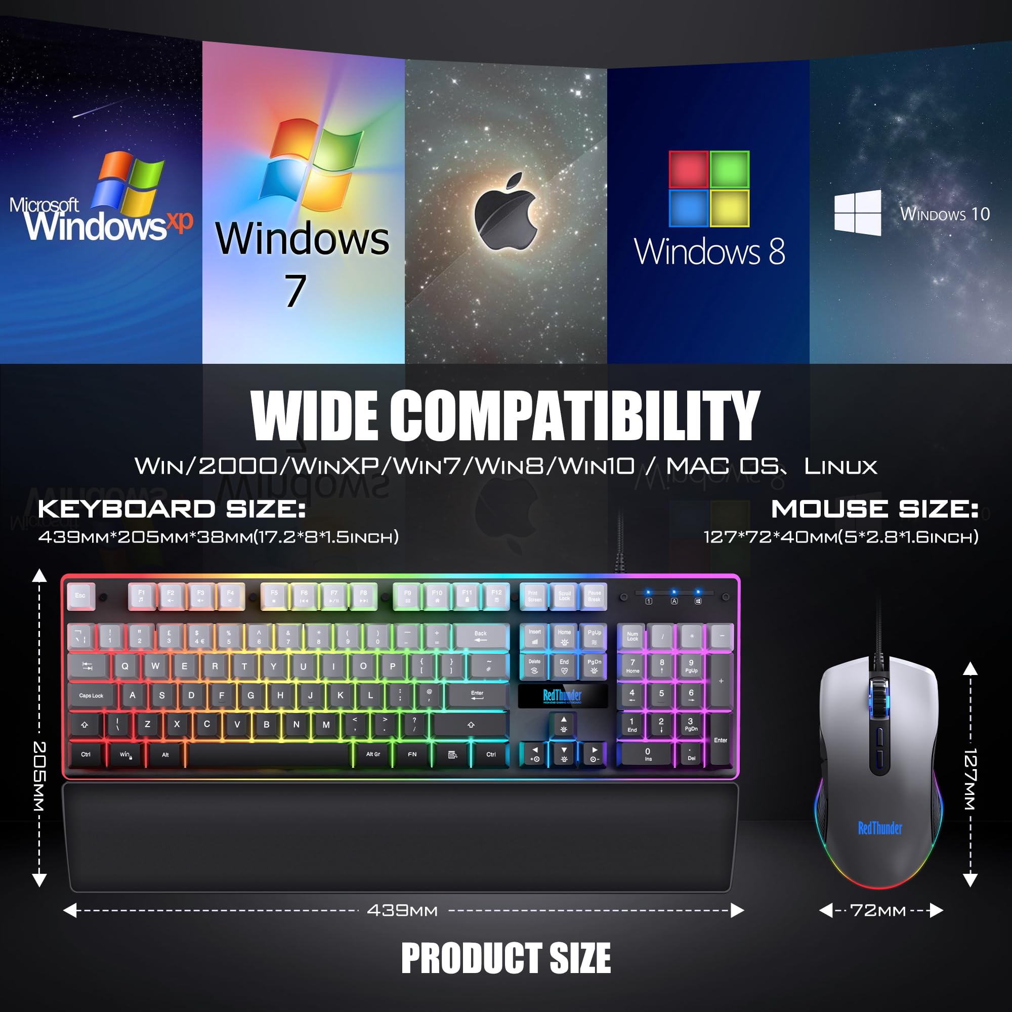RedThunder K10 Kit Tastiera e Mouse Gaming Grigio Sfumato