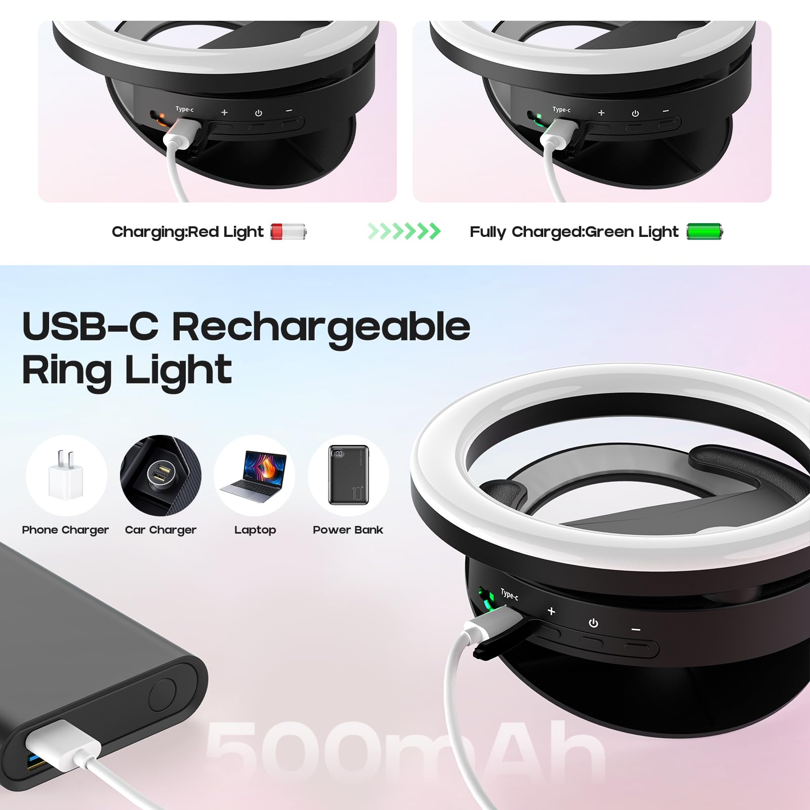 RealPlus Ring Light Ruotabile Luce Selfie Nero 40 LED Ricaricabile