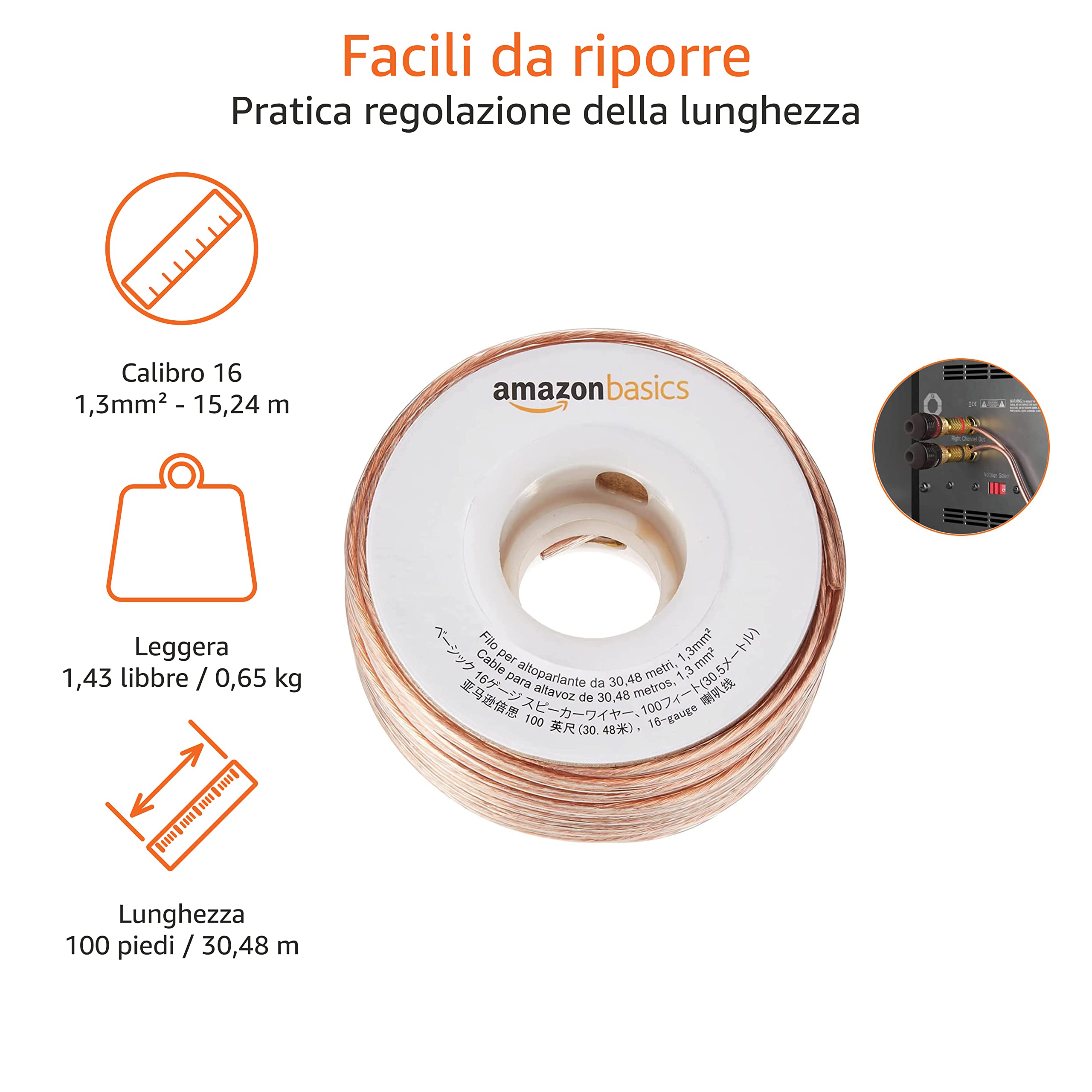 Amazon Basics cavo altoparlanti 16 AWG 30,48 m bronzo