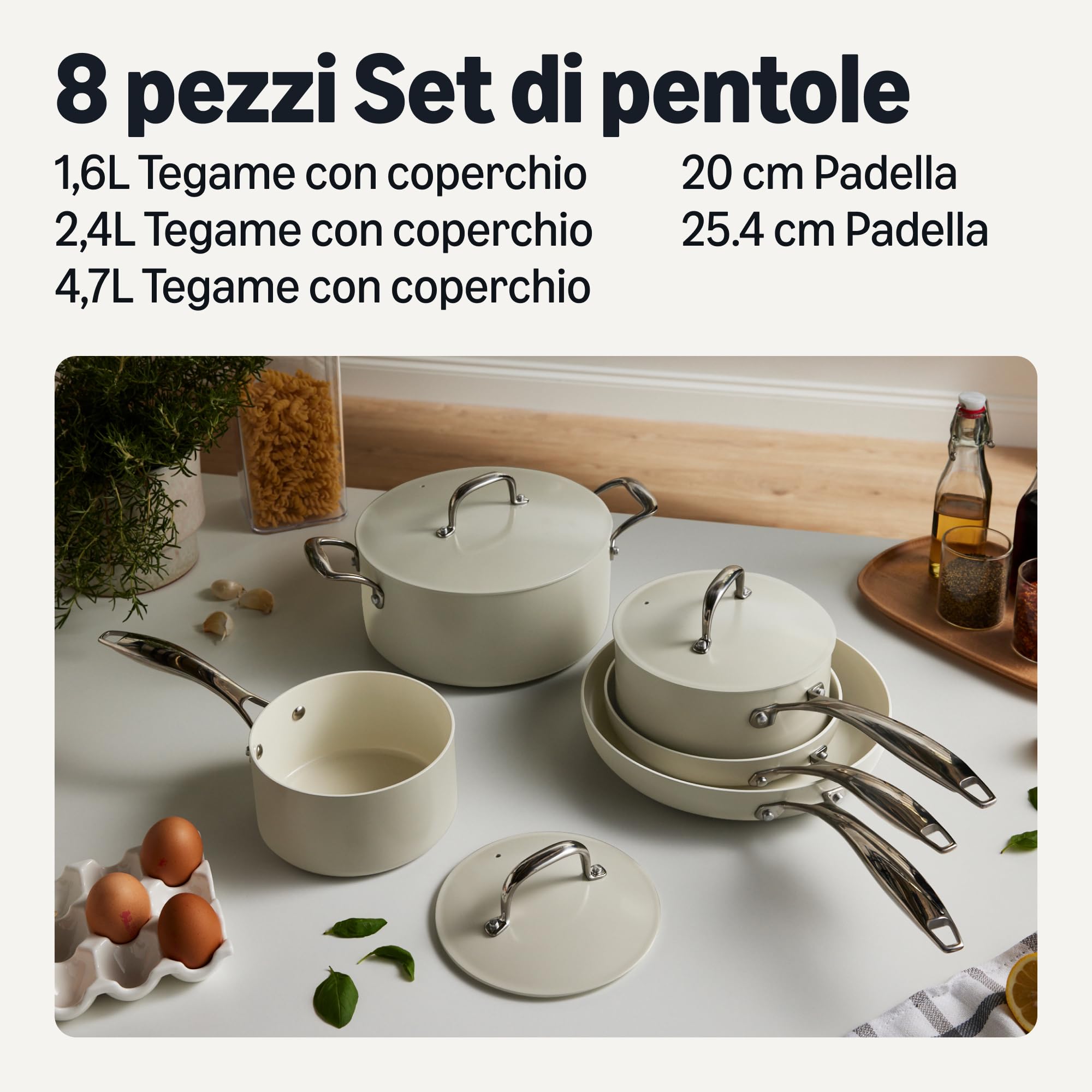 AmazonBasics set pentole ceramica 8 pezzi grigio lino induzione