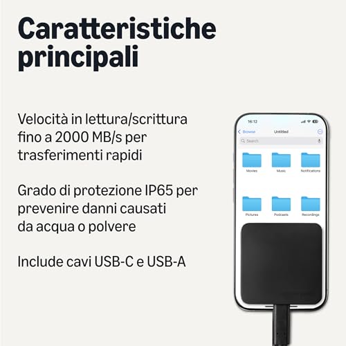 AmazonBasics SSD esterno 1TB 2000MB/s USB 3.2 nero IP65