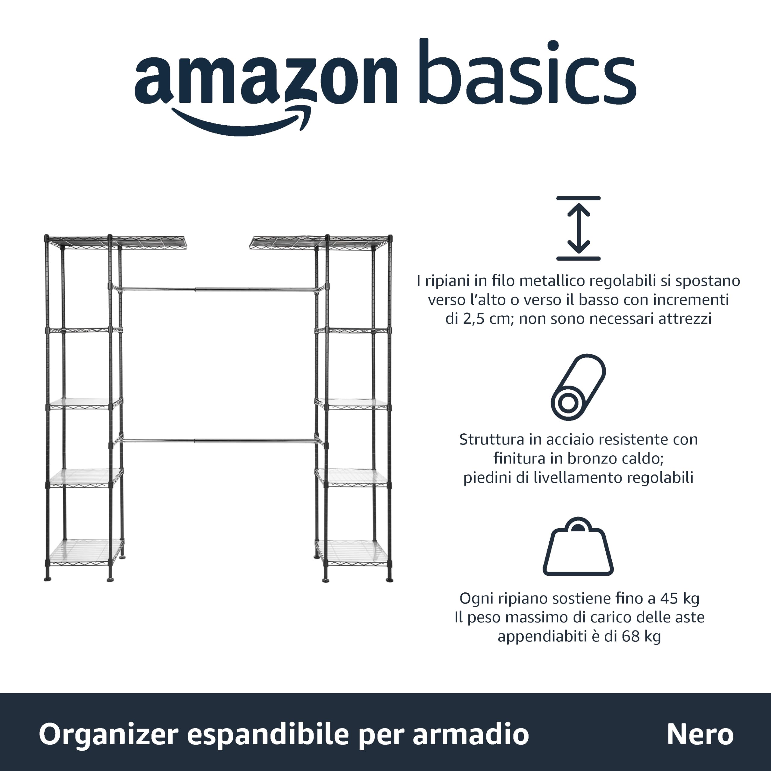 AmazonBasics Organizer Armadio Espandibile Nero Acciaio 203 cm