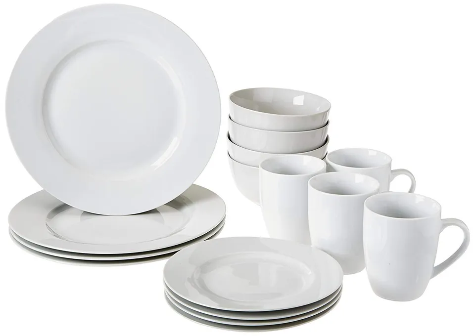 Amazon Basics Set Stoviglie 16 Pezzi Porcellana Bianco