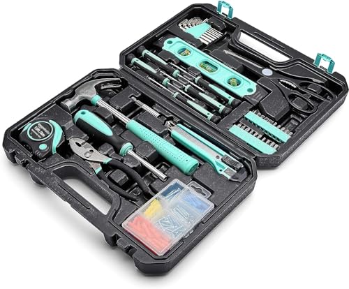 AmazonBasics kit attrezzi casa 142 pezzi turchese con valigetta